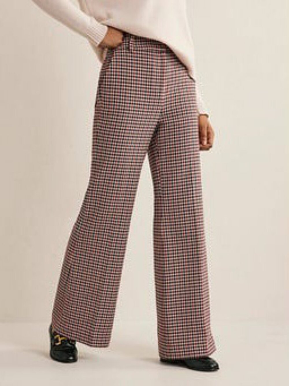 New Boden Wool Blend Plaid Wide Leg Trouser Beige Red Navy 10R